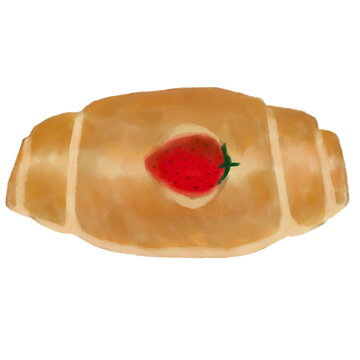 Hand-painted watercolor strawberry salt bread illustration, shio pan with fresh fruit topping digital painting isolated.