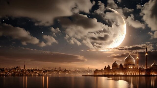 Crescent moon shining over an illuminated mosque and cityscape, reflecting on water at night, symbolizing Islamic celebration, Ramadan Kareem, Eid Al Adha, and spiritual devotion
