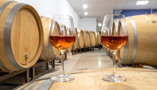 Wine Tasting in Cellar - Two Glasses of Amber Wine on Barrel.