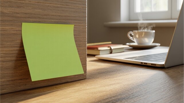 Green sticky note blank template on office desk with laptop, minimal workspace concept