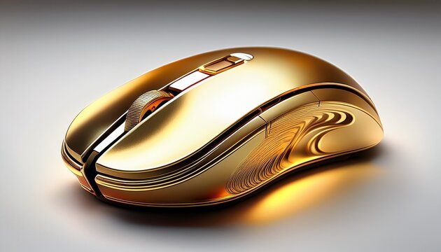 golden computer mouse on white background reflecting light in detail