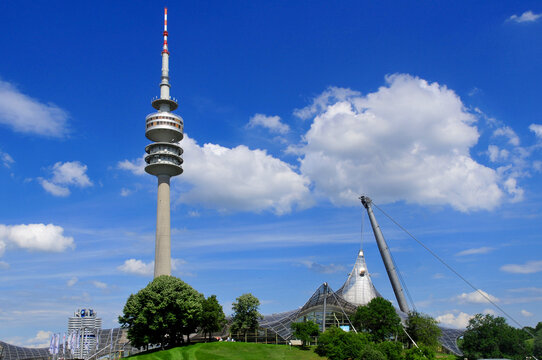 MUNICH, GERMANY  Tower of stadium of the Olympiapark in Munich, Germany, is an Olympic Park which was constructed for the 1972 Summer Olympics