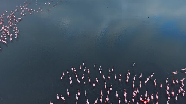 Aerial top down view of pink flamingos on dark water. Drone shot looking vertically down at flock of flamingos in deep blue water.