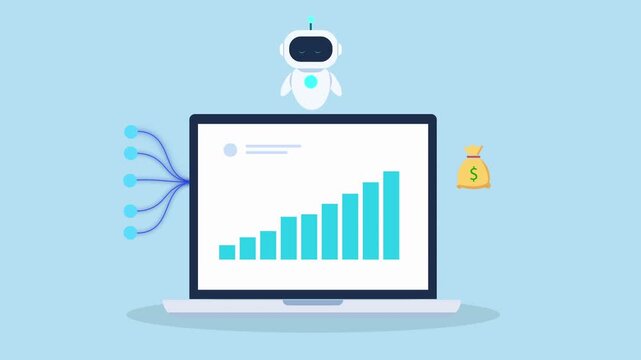 Animated laptop displaying rising data chart connected to cloud system with flowing lines and money bag icon, representing revenue growth, financial analytics, and business performance.