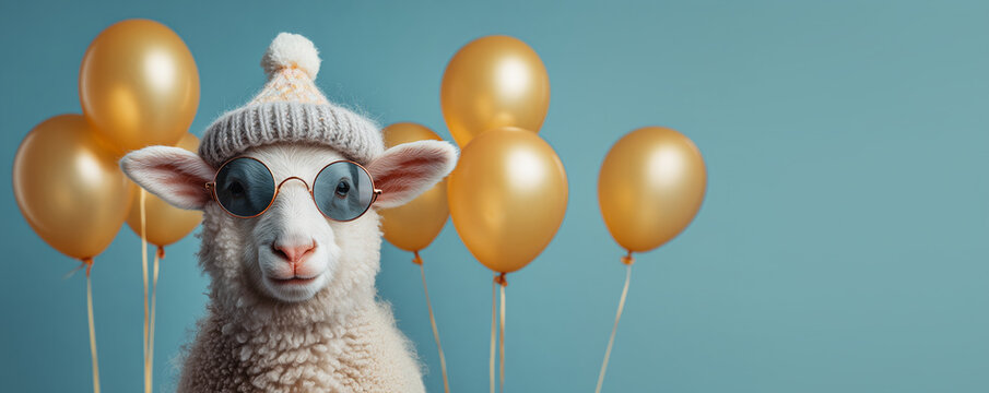 Funny adorable lamb with sunglasses and balloons birthday banner on blue pastel background with copy space. Party for kids invitation concept.