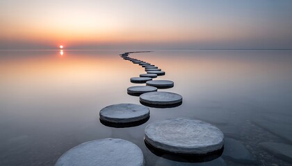 Naklejka premium Serene stone pathway to the horizon a peaceful sunrise over calm waters