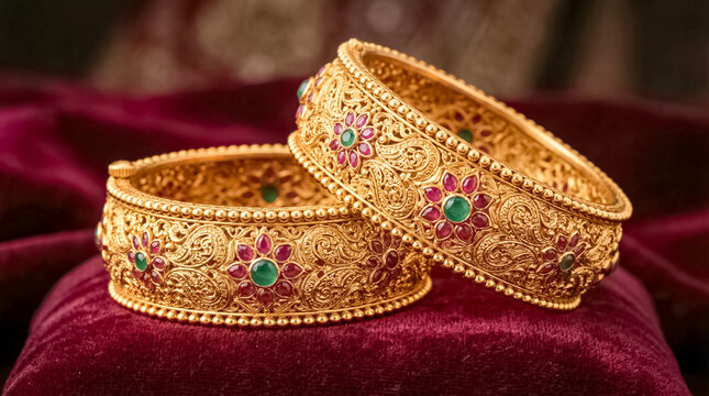 Intricately designed gold bangles adorned with precious ruby and emerald stones