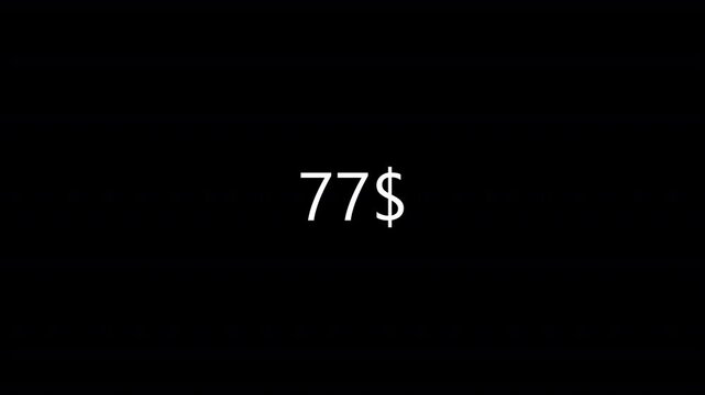 dollar counter animation from 0 to 90 on a black background. dollar calculating from zero to ninety dollar counter animation on black background.