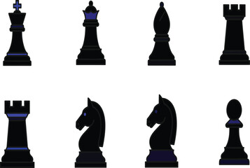 Black and Blue Chess Piece Icon Set Featuring King, Queen, Bishop, Knight, Rook, and Pawn for Strategic Gaming, Competition, Logic, and Intellectual Achievement Designs © kanichfatima