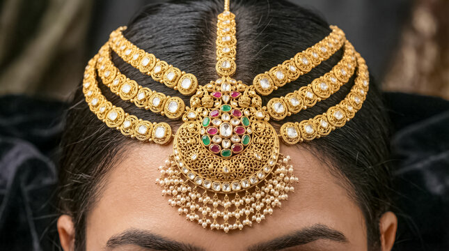 Ornate traditional gold headpiece worn elegantly by a woman for wedding festivities