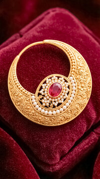 Traditional gold nose ring adorned with a ruby and white pearl accents