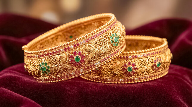 Two elegant golden bangles adorned with vibrant green and red gemstone details