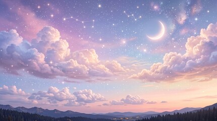 Dreamy sky with clouds and stars