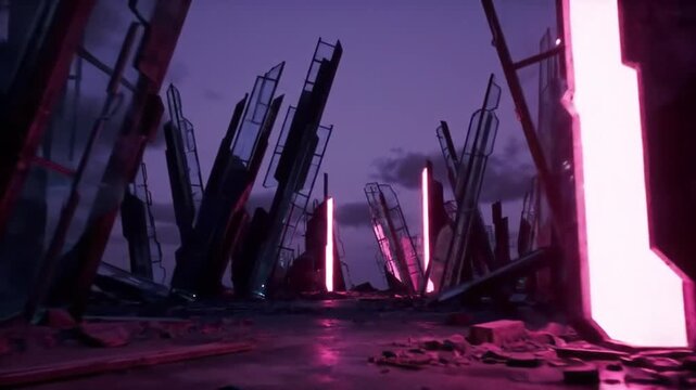 Abstract futuristic landscape with glowing pillars and crystalline structures