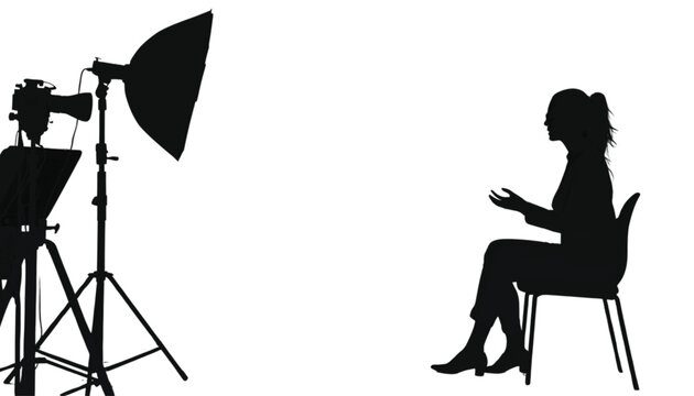 Woman sits on a chair during a professional studio photography session with lighting equipment set up.