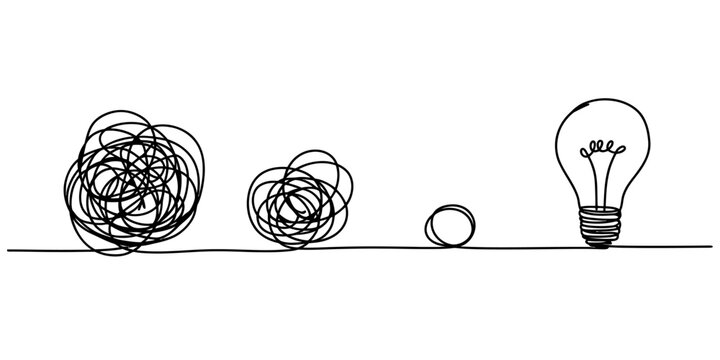 A hand drawn sketch showing a messy tangle of lines becoming a clear light bulb idea Vector, illustration