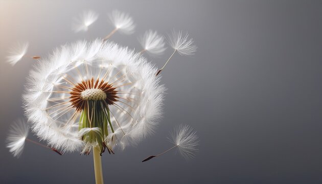 a close up photo of a dandelion with white fluffy flowers in sunlight on a gray background symbolizing summer air freedom and lightness with room for text copy space available