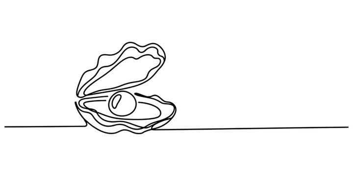 Single continuous line drawing of an open oyster shell with a shiny pearl inside Vector, illustration