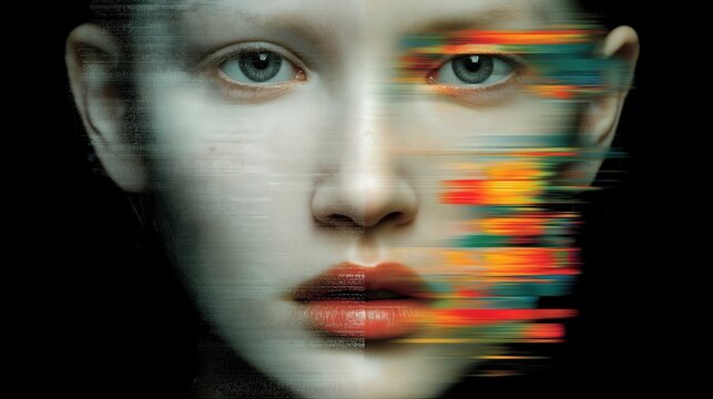 Abstract Human Face Glitch Effect with Vibrant Color Streaks
