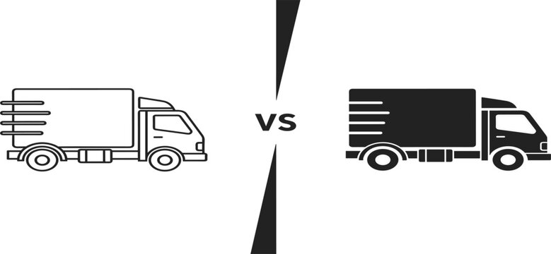 Truck comparison versus concept featuring outline and solid delivery vehicles logistics transport difference shipping service icon vector illustration