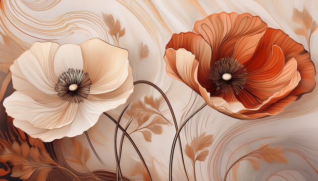 abstract floral art two poppies cream and terracotta marble like background decorative design