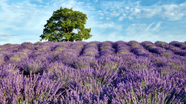 Champ de lavande en fleur avec arbre solitaire en Provence &ndash; Paysage estival du sud de la France _ Blooming lavender field with lone tree in Provence &ndash; Summer landscape of southern France