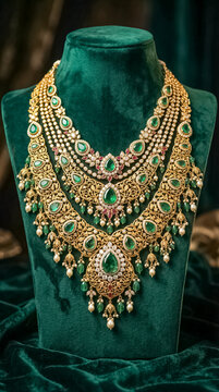 Exquisite layered gold emerald necklace set with diamonds and pearls on display.