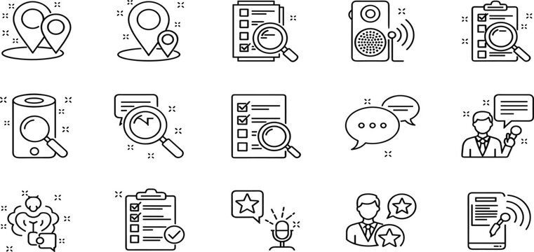 Customer feedback and survey analysis line icon set featuring review checklist rating communication user experience research evaluation vector illustration