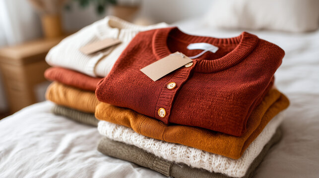 Capsule wardrobe flatlay of seven coordinated garments in terracotta, cream, and olive tones arranged on a linen bedsheet, each piece tagged with a small paper label, perfect for intentional dressin