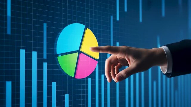Investor hand touches pie chart hologram. Digital financial dashboard displays blue bar graph for portfolio asset allocation strategy, wealth management, and stock market investment growth.