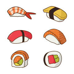 Assorted Sushi Set with Nigiri and Maki Flat Vector Illustration © Diana