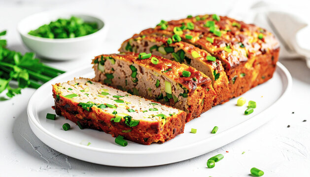 Baked chicken meatloaf with green scallion, white platter. AI