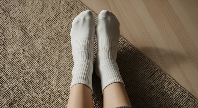 A persons legs wearing white ribbed socks resting on a textured rug and wooden floor