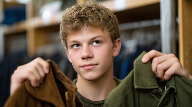 Teen boy in thrift store dressing room holds two very different jacket styles outward, studying reflection with concentrated uncertainty, fluorescent overhead light, ideal for teen self-discovery, p