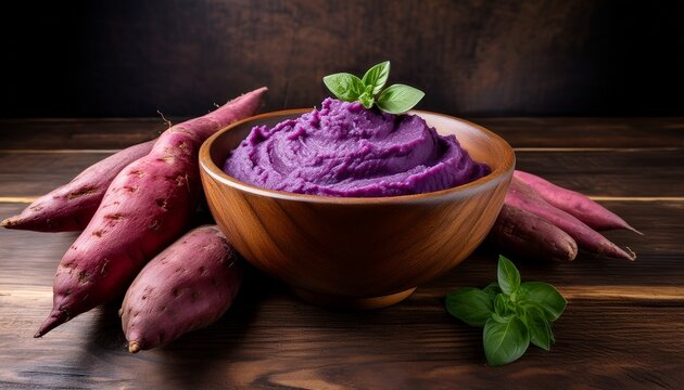 vibrant purple yam mash in a rustic wooden bowl surrounded by whole yams on a textured wood table with ample space for text vegan healthy food
