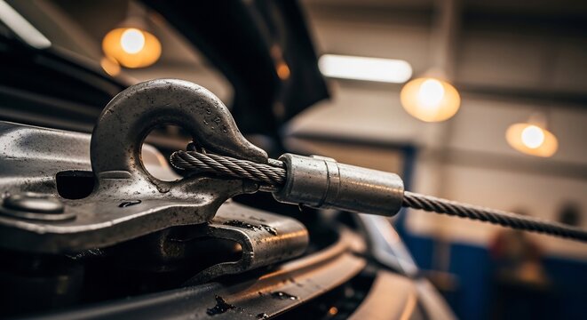 Close up of a heavy duty tow hook and cable on a vehicle.