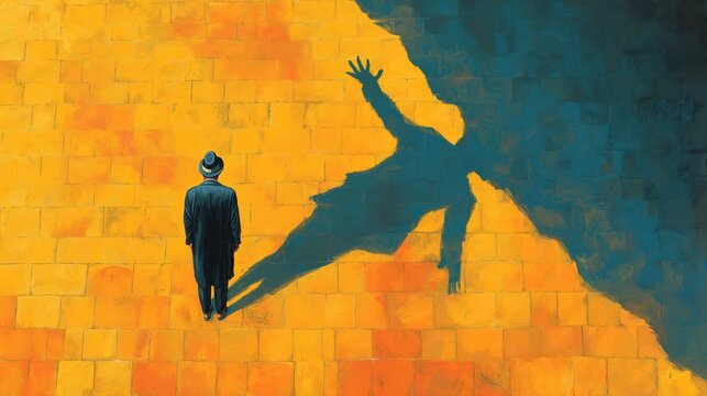 Man Facing Distorted Shadow on Textured Wall
