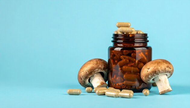 Brown bottle of mushroom capsules with fresh mushrooms