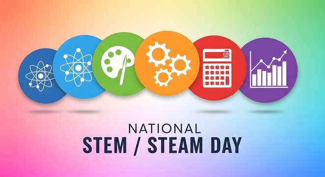 National stem and steam day concept with colorful icons representing education