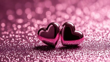 Obraz premium Two metallic pink heart figures touching on glitter surface