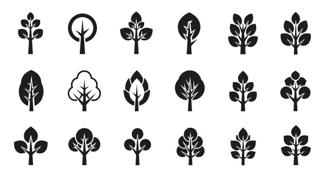 Collection of stylized tree and leaf icons