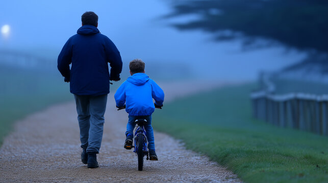 Father guides son's first bike ride down fog-covered empty park path at dawn, both silhouetted against pale mist, no training wheels, gravel path detail visible, ideal for father-son bonding, spring