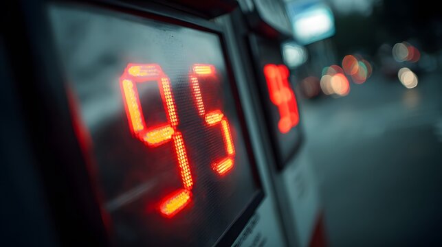 Close-up of glowing red gas pump numbers showing a price of 95