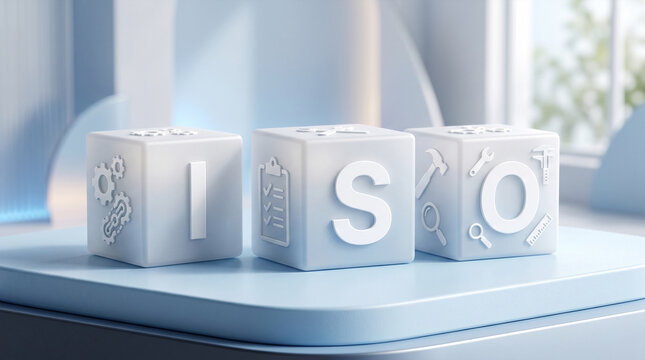 Three white blocks spelling ISO with icons on a light blue surface.