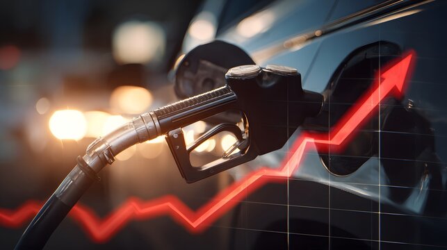 Gas pump nozzle inserted into car tank with rising price graph overlay