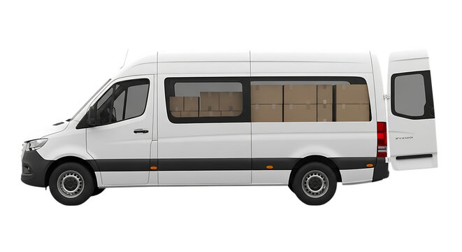 White mercedes benz sprinter van with open rear doors on black background