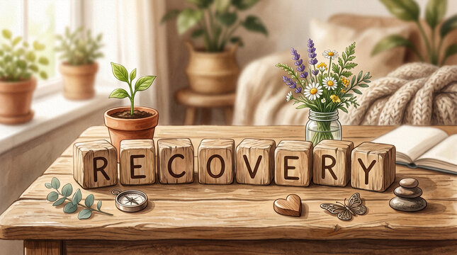 Wooden blocks spell out recovery with comforting home decor