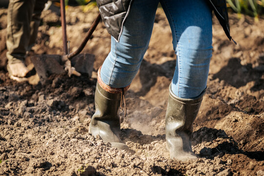 Person wearing green rubber boots and blue jeans working in a garden, soil being turned with a shovel in the background under bright sunlight