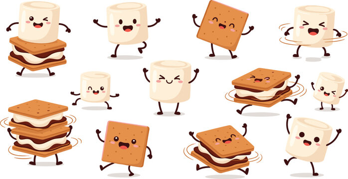 Cute Kawaii S&rsquo;mores and Marshmallow Vector Illustration with Expressive Chocolate, Biscuit, and Toast Characters for Kids, Cartoon, Snack, and Dessert Designs