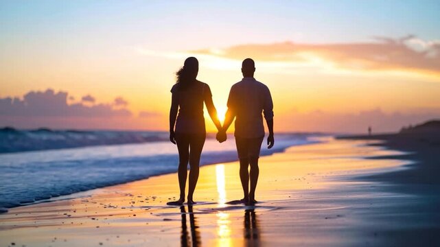 A couple walks hand-in-hand along the beach during a beautiful sunset